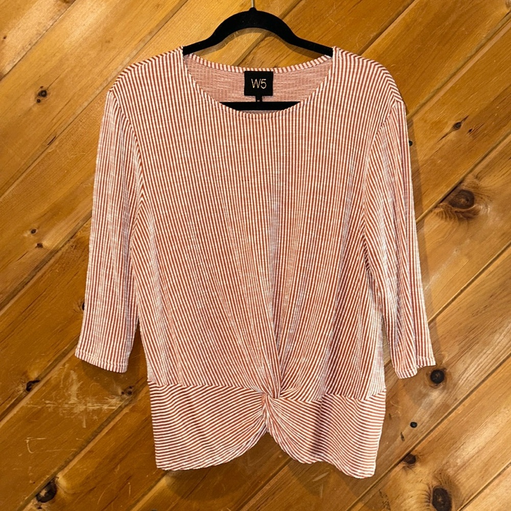 W5 Anthropologie rust orange and white striped tie front top